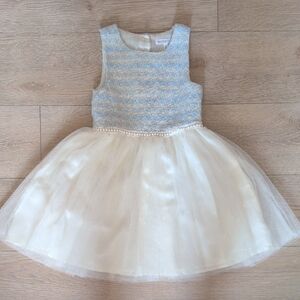 Blue and White Sleeveless Dress with Tulle Skirt